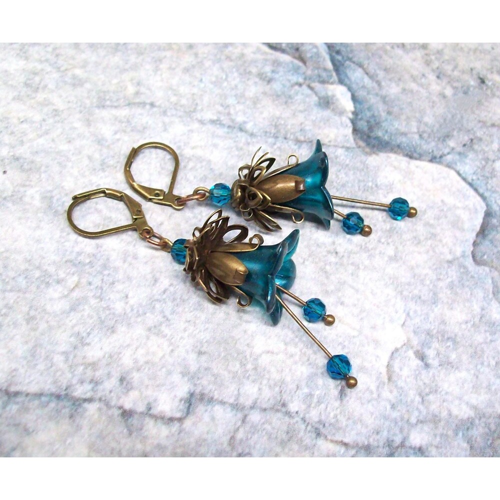 Boho Flower Earrings Vintage Style, Teal Blue, Antique Bronze, Hand Painted Arti